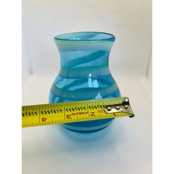 Hand Blown Art Glass Blue Swirls Decorative 5" Vase - Picture 3 of 9